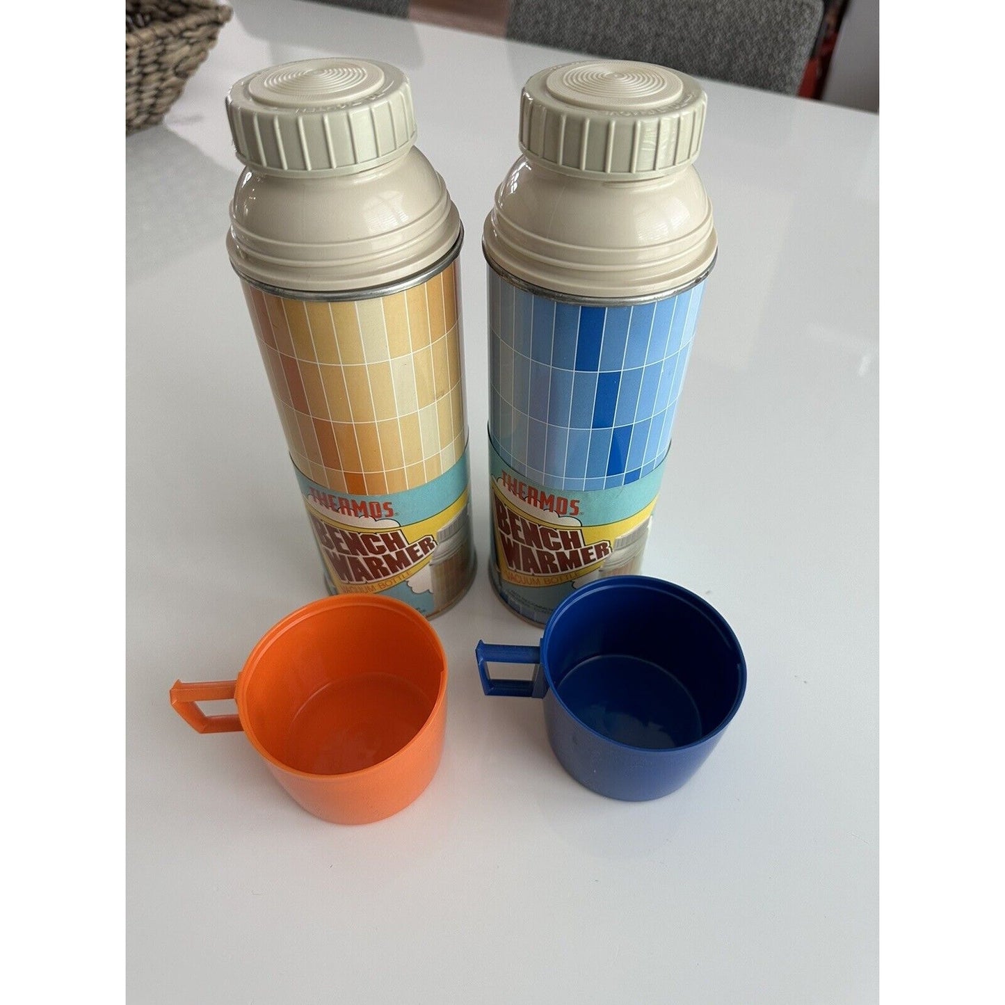VINTAGE *NEW* 1970's SET of Blue & Orange Bench Warmer Thermoses #2210