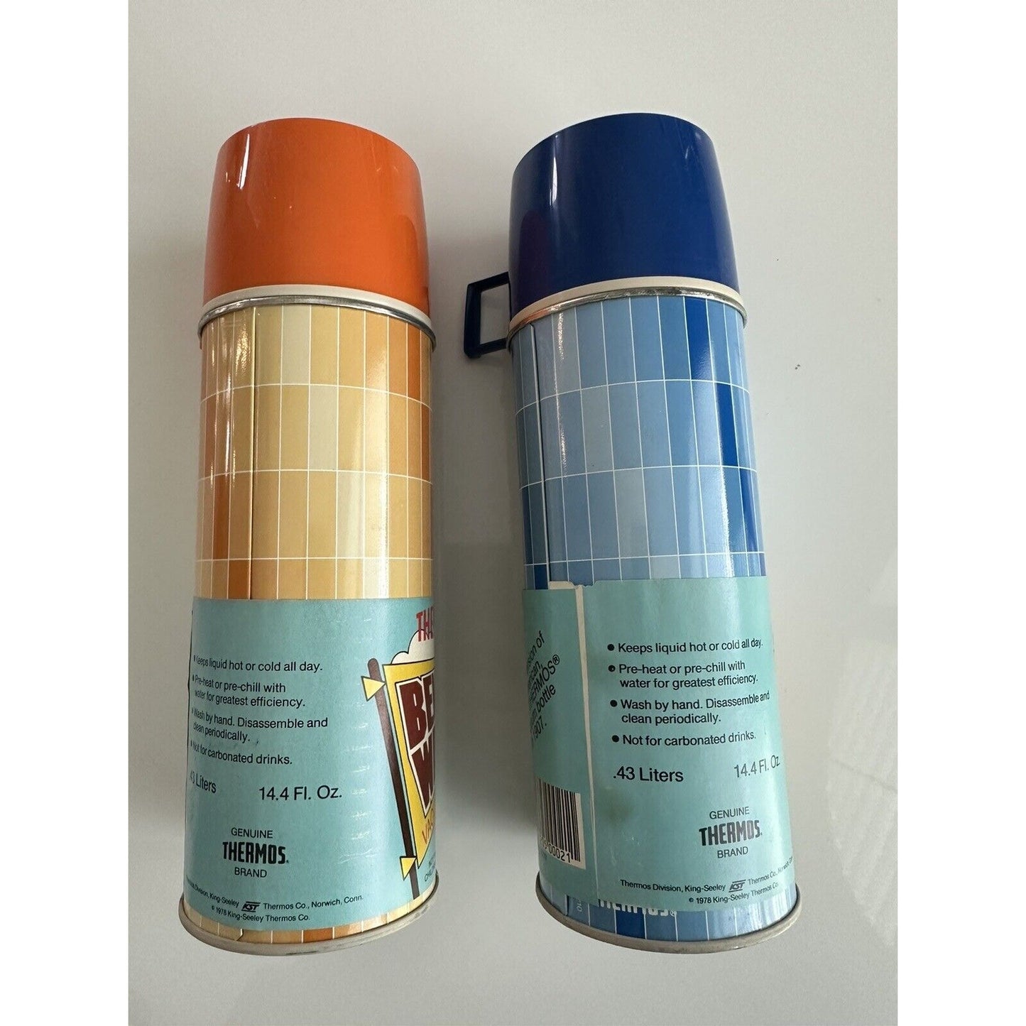 VINTAGE *NEW* 1970's SET of Blue & Orange Bench Warmer Thermoses #2210
