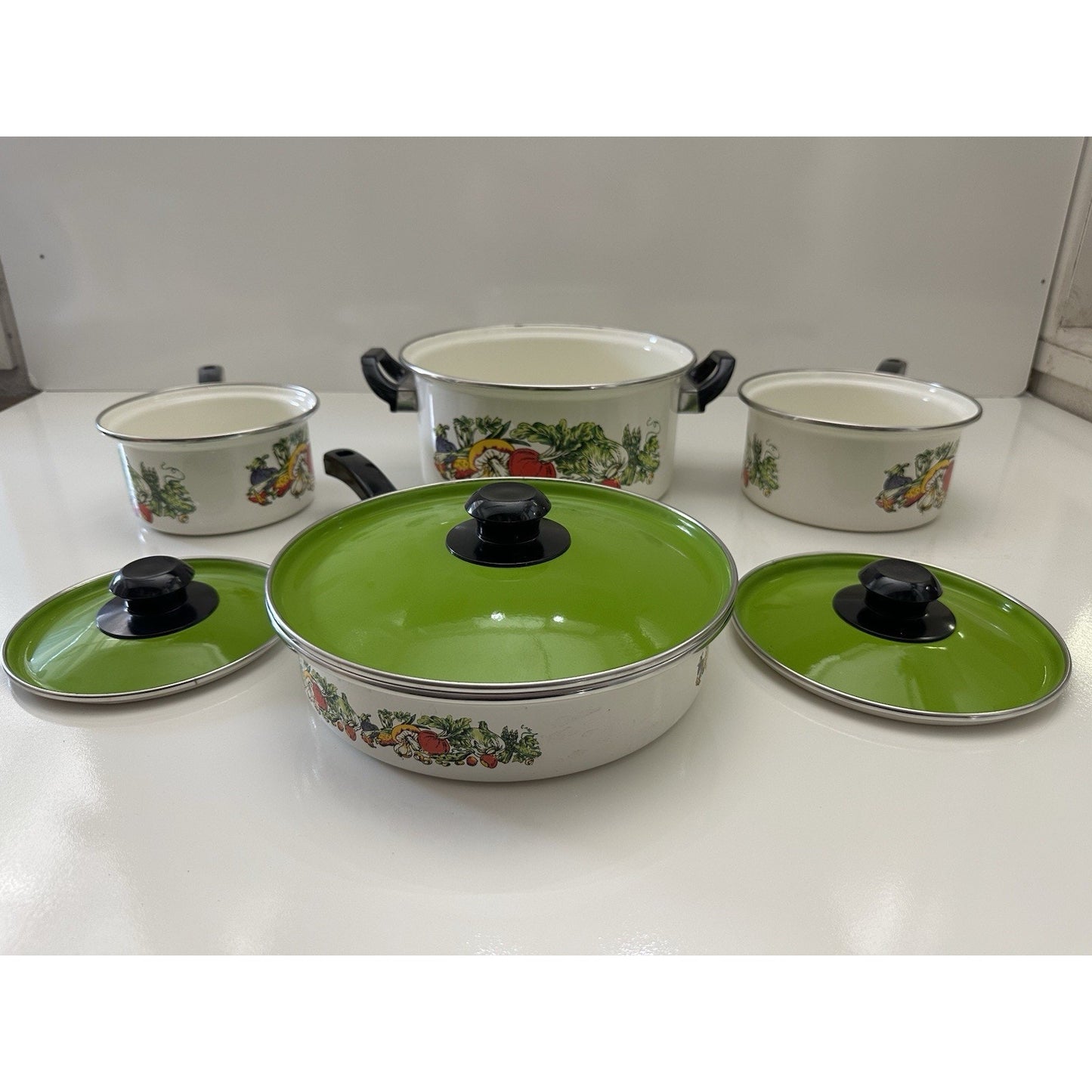 VINTAGE *NEW* 1970's 7-piece Green Lid Pot Pan and Skillet Set - RARE | Movie
