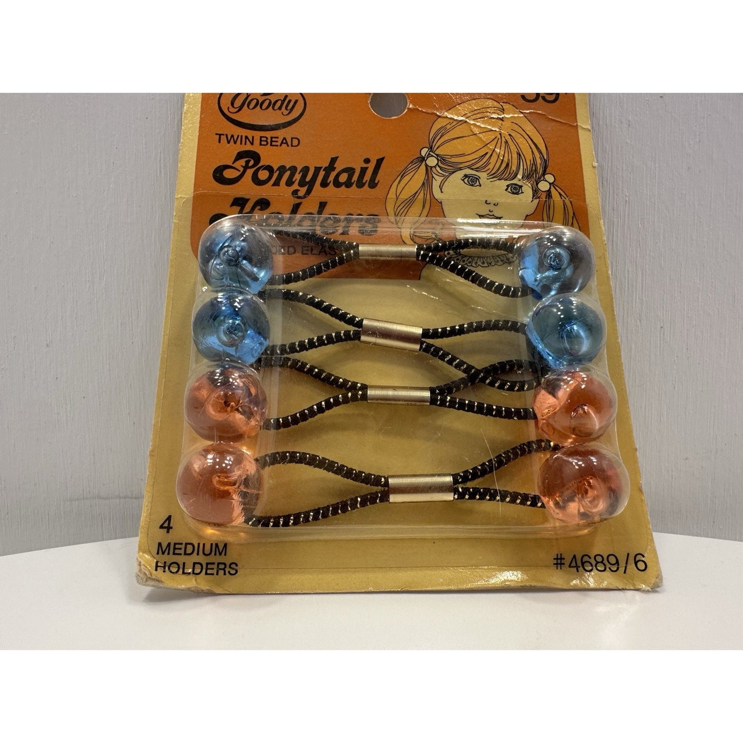 VINTAGE *NEW* 1975 Goody #4689/6 Med Twin Bead Ponytail Holders Set of 4 Bl/Or