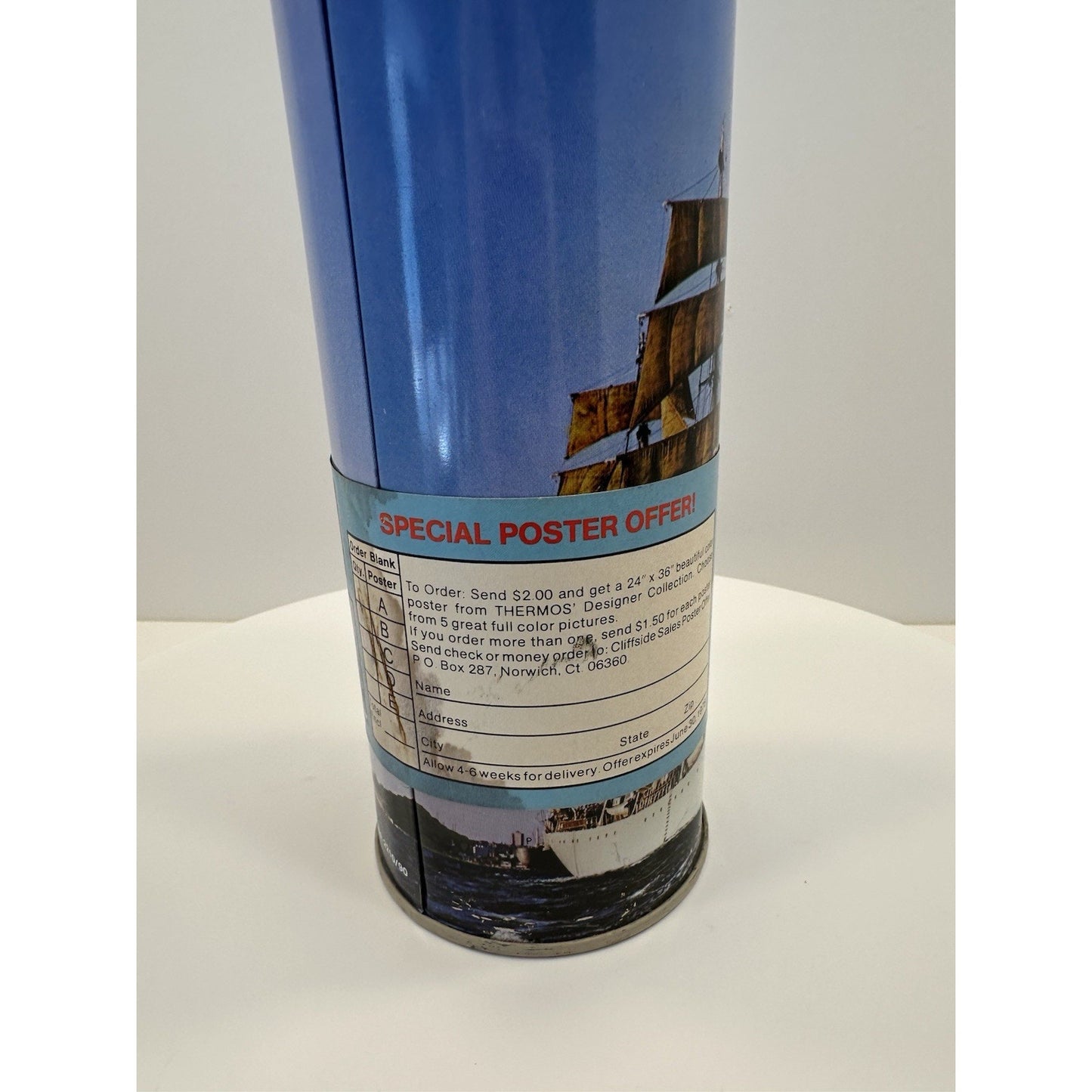 VINTAGE *NEW* 1978 Blue Thermos Sailboat Theme #2210 Vacuum Bottle 14.4oz