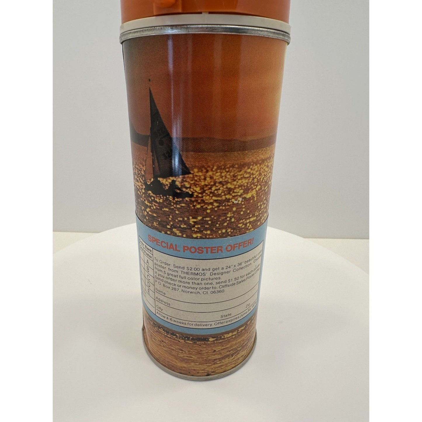 VINTAGE *NEW* 1978 Orange Thermos Beach Theme #2210 Vacuum Bottle 14.4oz
