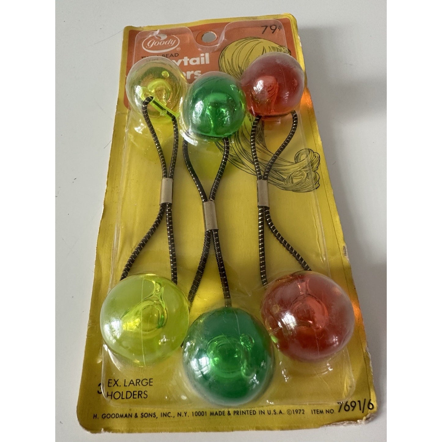 VINTAGE *NEW* 1972 Goody XL Twin Bead Ponytail Holders Elastic Hair Ties #7691/6
