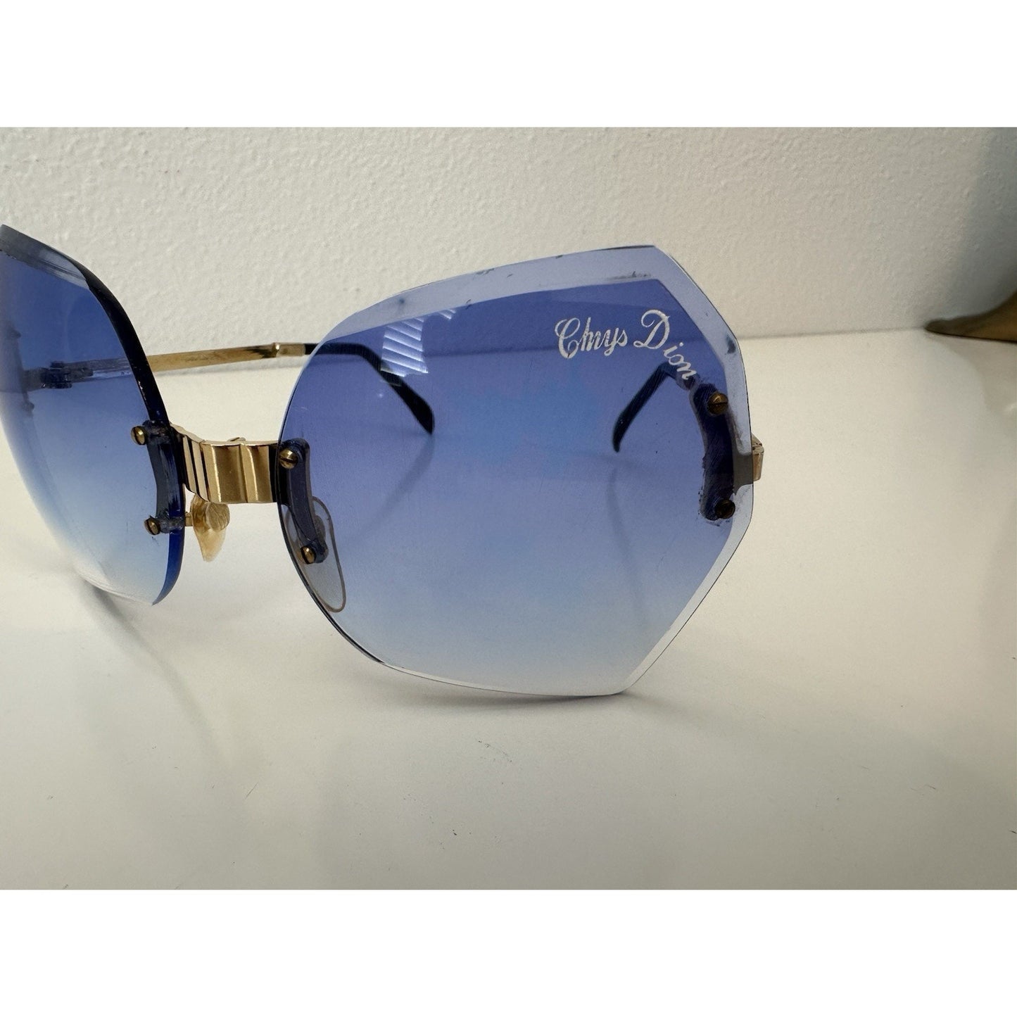 VINTAGE *NEW* 1970's ChrysDior Glam Sunglasses Blue Smoked Glass & Gold