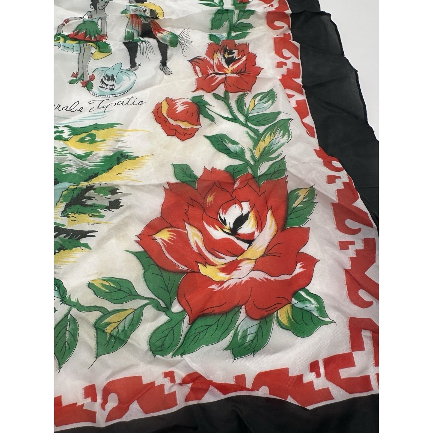 VINTAGE *NEW* 1950's "Juarez" Hand-Rolled Silk Rayon Scarf 31" x 31" - Black