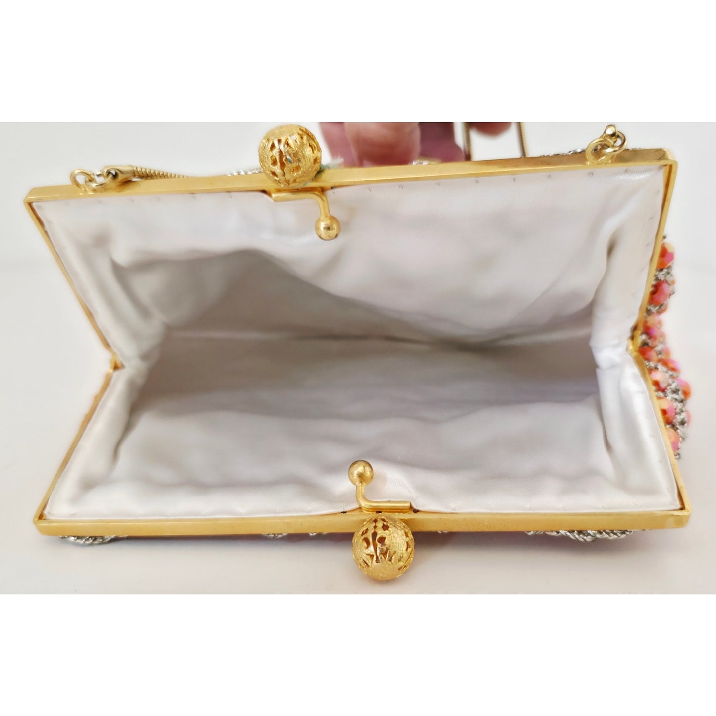 VINTAGE *NEW* 1960's Hand-Made Fancy Beaded Purse Orange & Pink with Gold Strap