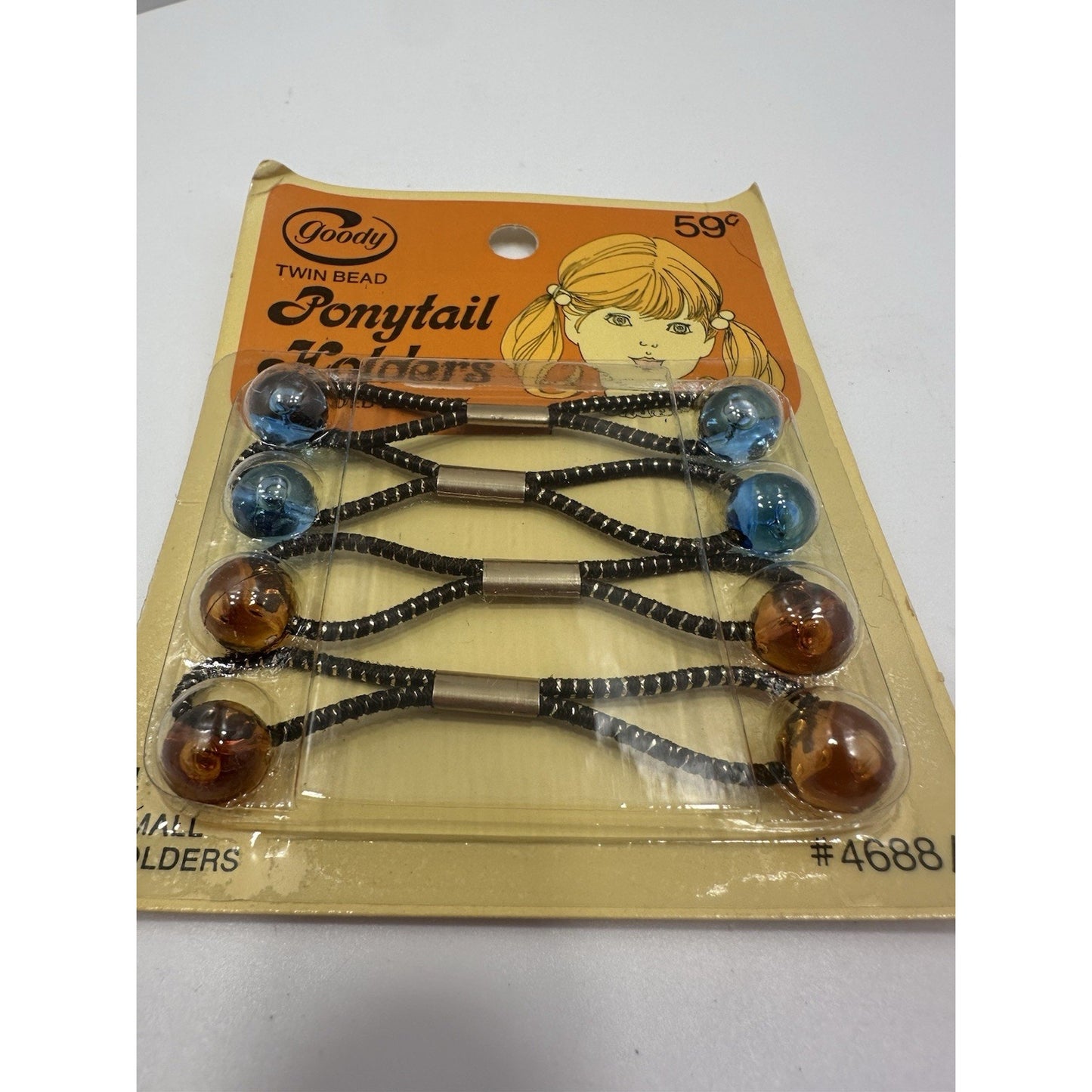 VINTAGE *NEW* 1975 Goody #4688/6 Small Twin Bead Ponytail Holders Set of 4 Bl/Br