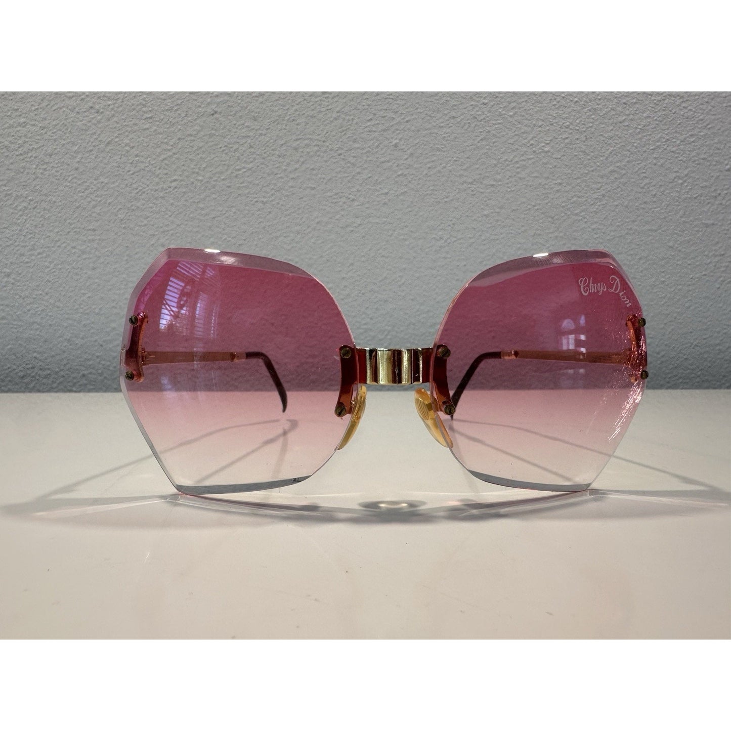 VINTAGE *NEW* 1970's ChrysDior Glam Sunglasses Pink Smoked Glass & Gold