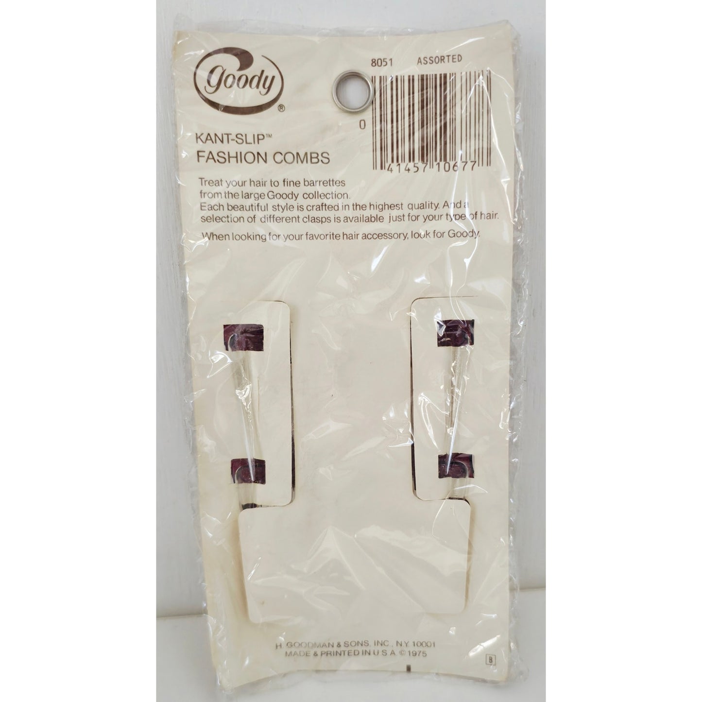 VINTAGE *NEW* 1975 Goody #8051 Bow Shaped Kant-Slip Fashion Combs Set of 2 Brown USA