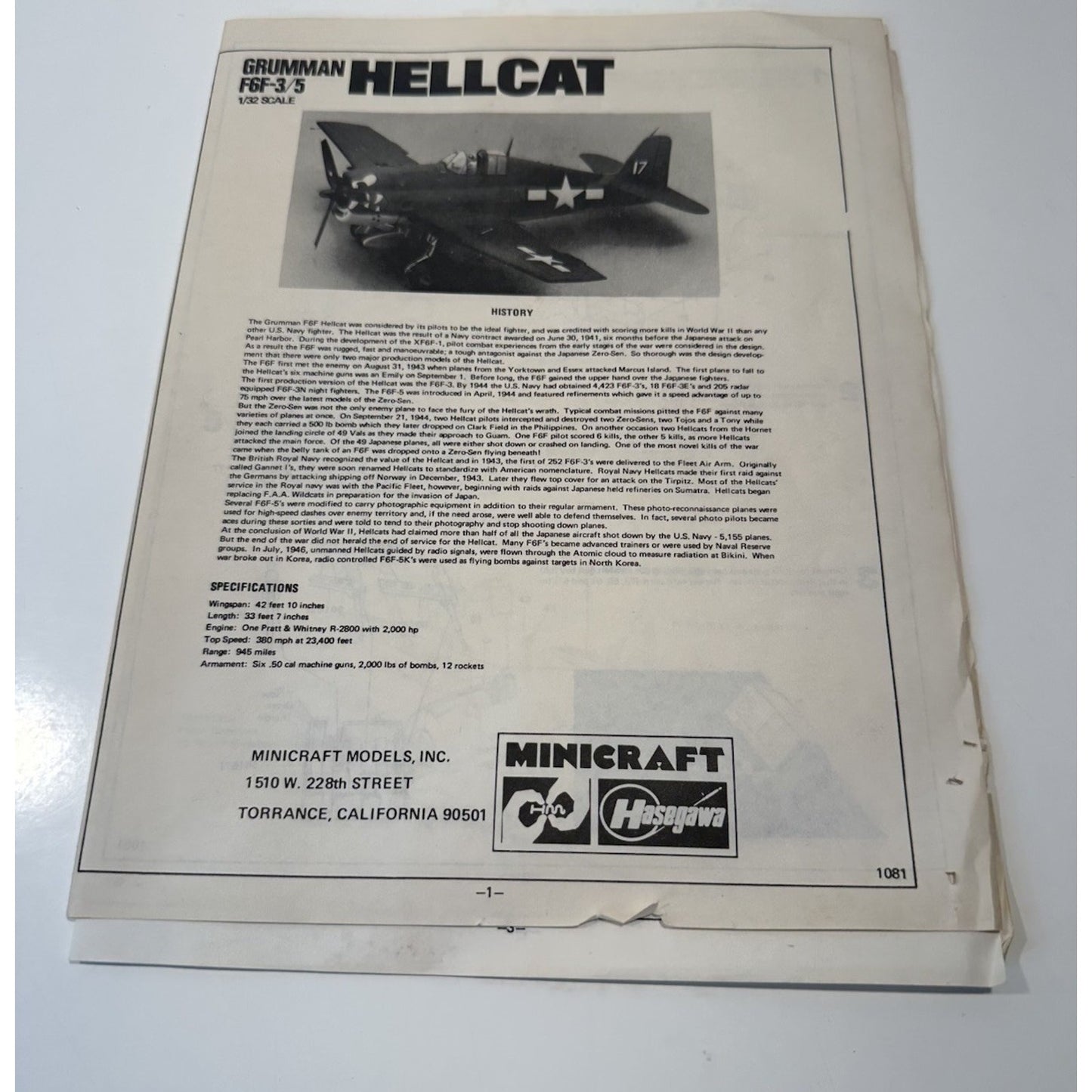 VINTAGE *NEW* Hasegawa Grumman Hellcat F6F-3/5 1:32 Model 1081