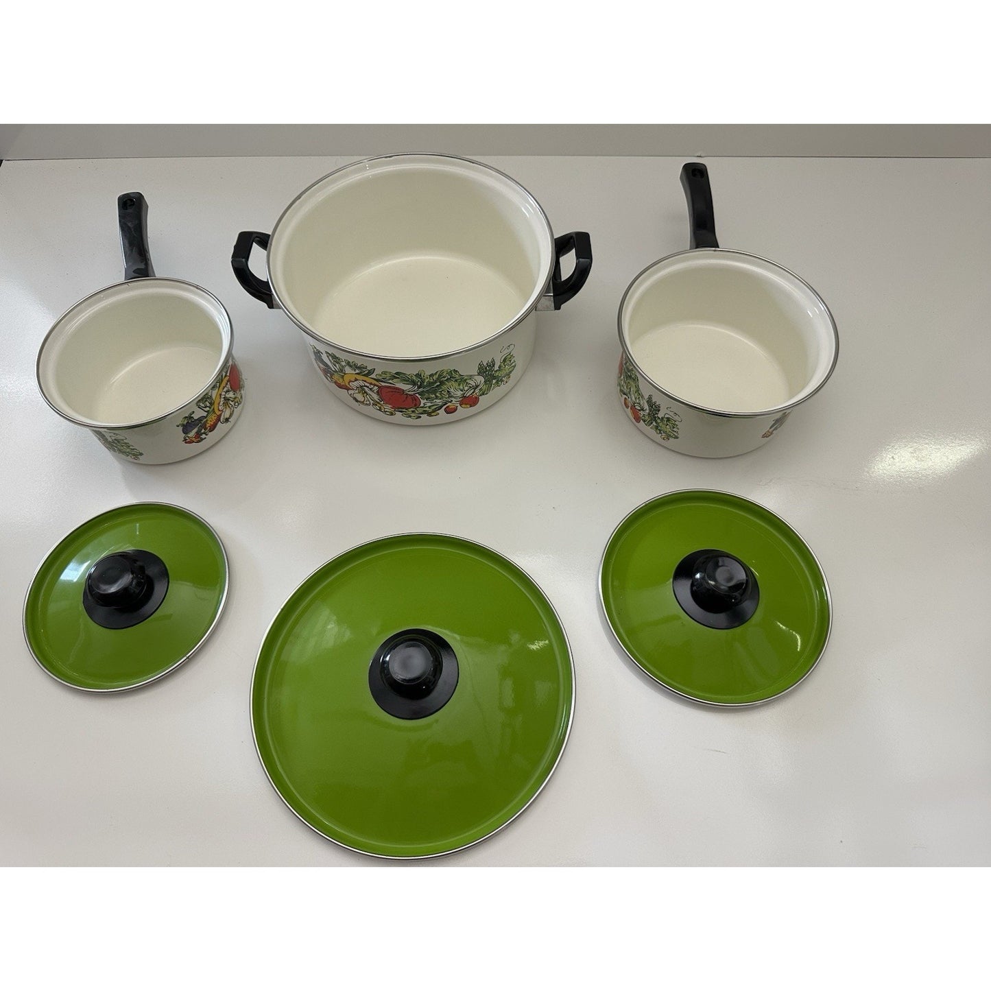 VINTAGE *NEW* 1970's 7-piece Green Lid Pot Pan and Skillet Set - RARE | Movie