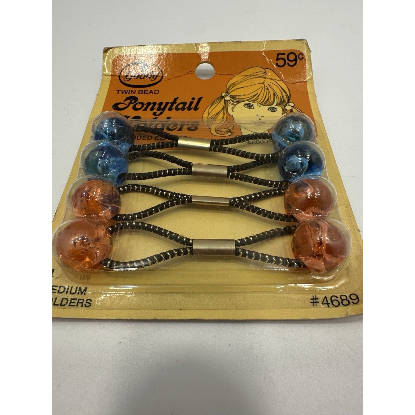 VINTAGE *NEW* 1975 Goody #4688/6 Small Twin Bead Ponytail Holders Set of 4 Bl/Or
