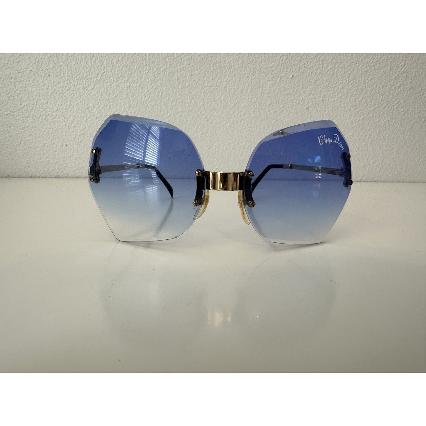 VINTAGE *NEW* 1970's ChrysDior Glam Sunglasses Blue Smoked Glass & Gold