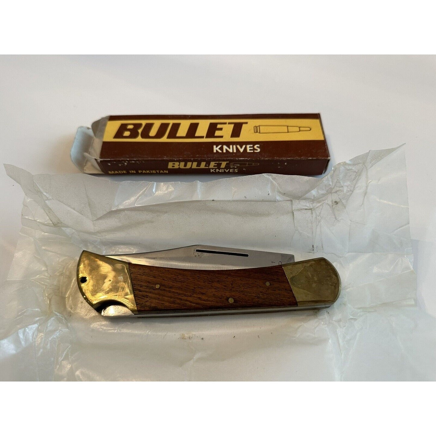 VINTAGE *NEW* Bullet Knife Wood Handle, Brass Trim