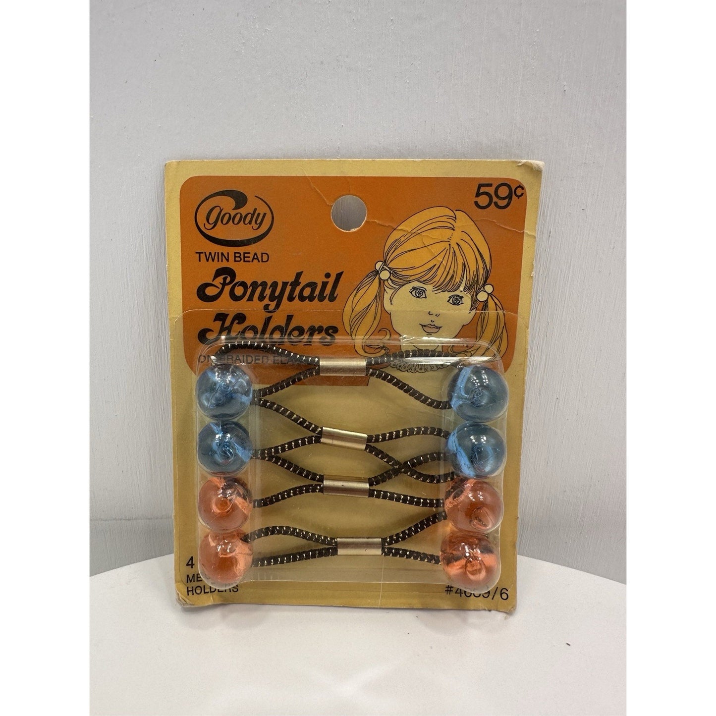 VINTAGE *NEW* 1975 Goody #4689/6 Med Twin Bead Ponytail Holders Set of 4 Bl/Or