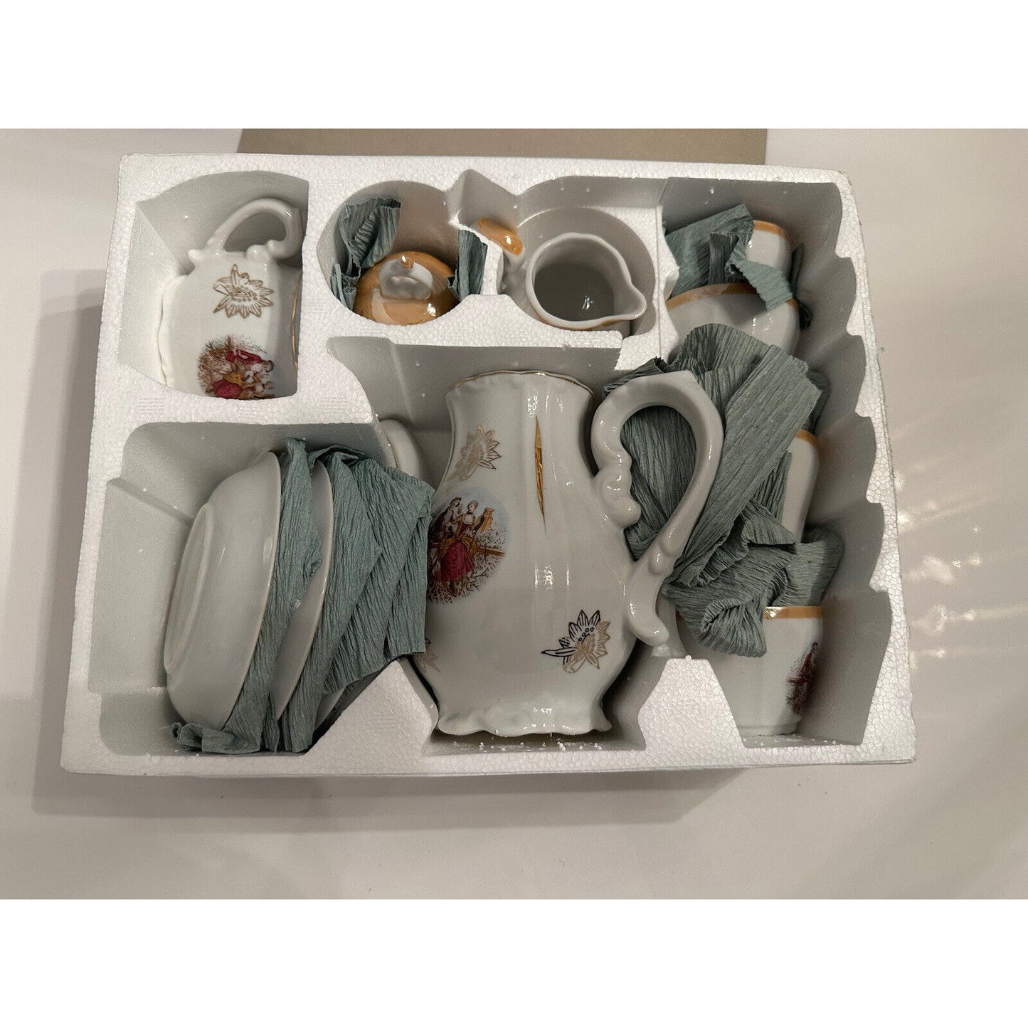 VINTAGE *NEW* Fine China 17Pc. Hand Painted Gold Musical Coffee/Tea Set