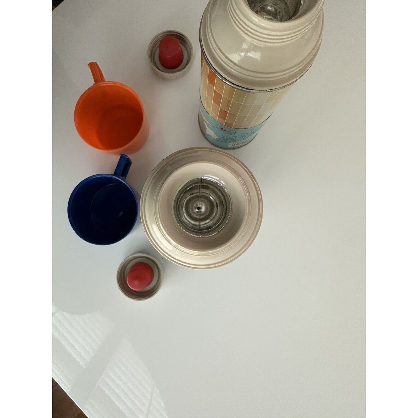 VINTAGE *NEW* 1970's SET of Blue & Orange Bench Warmer Thermoses #2210