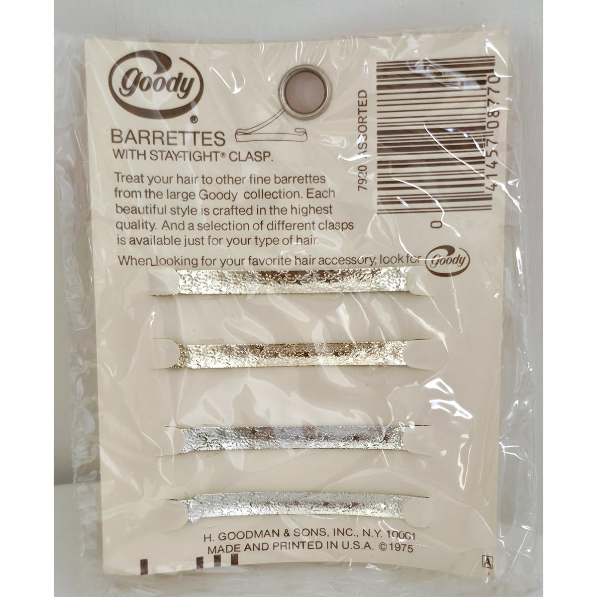 VINTAGE *NEW* 1975 Goody #7920 Silver & Gold Stay-Tight Barrettes Set of 4 USA