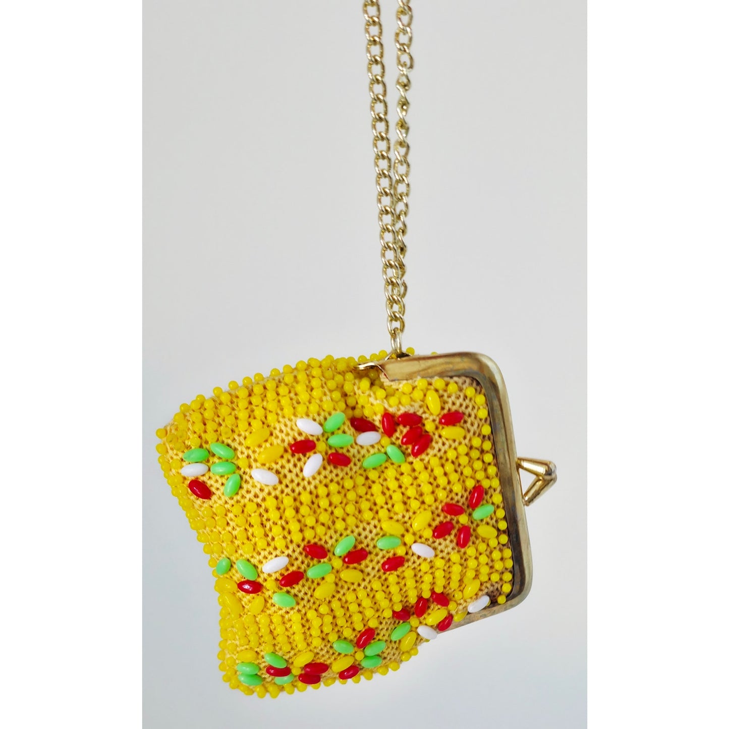 VINTAGE *NEW* 1960's Fancy Beaded Yellow Small Change Purse with Strap