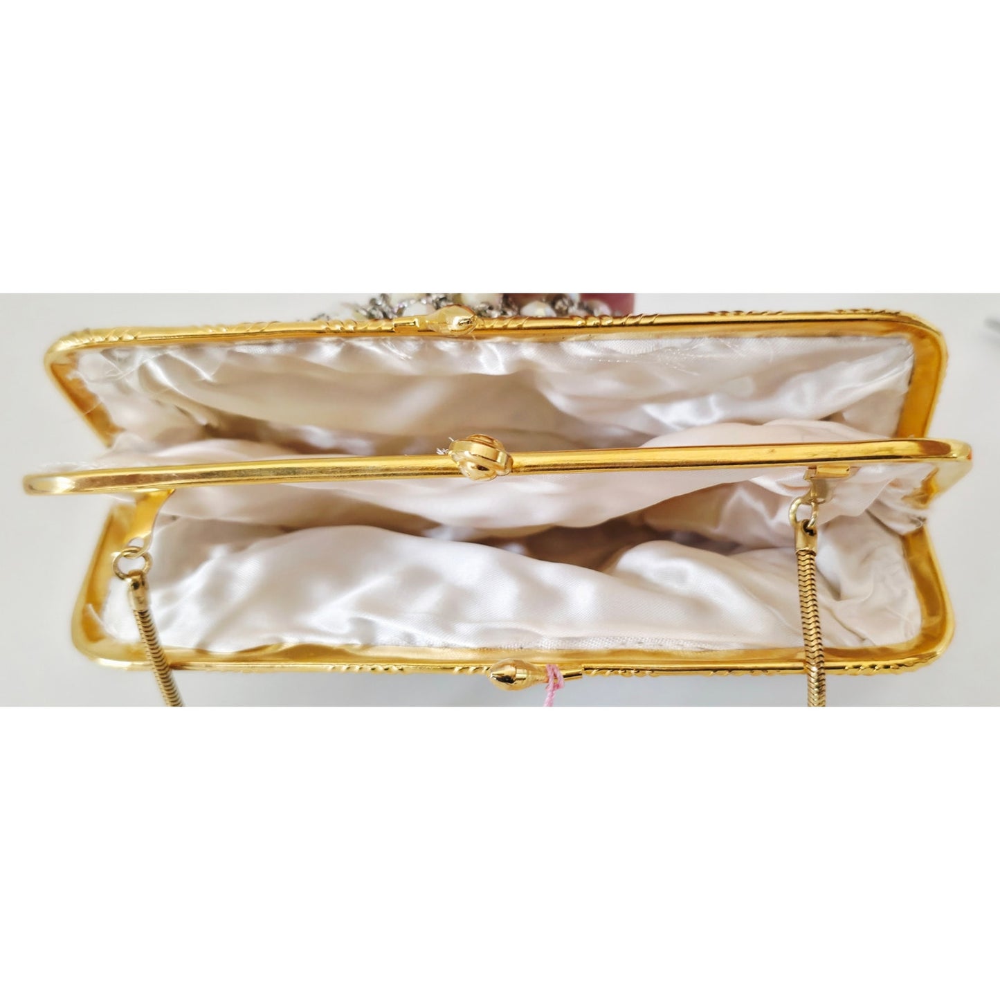 VINTAGE *NEW* 1960's Hand-Made Fancy Beaded Purse White with Gold Strap