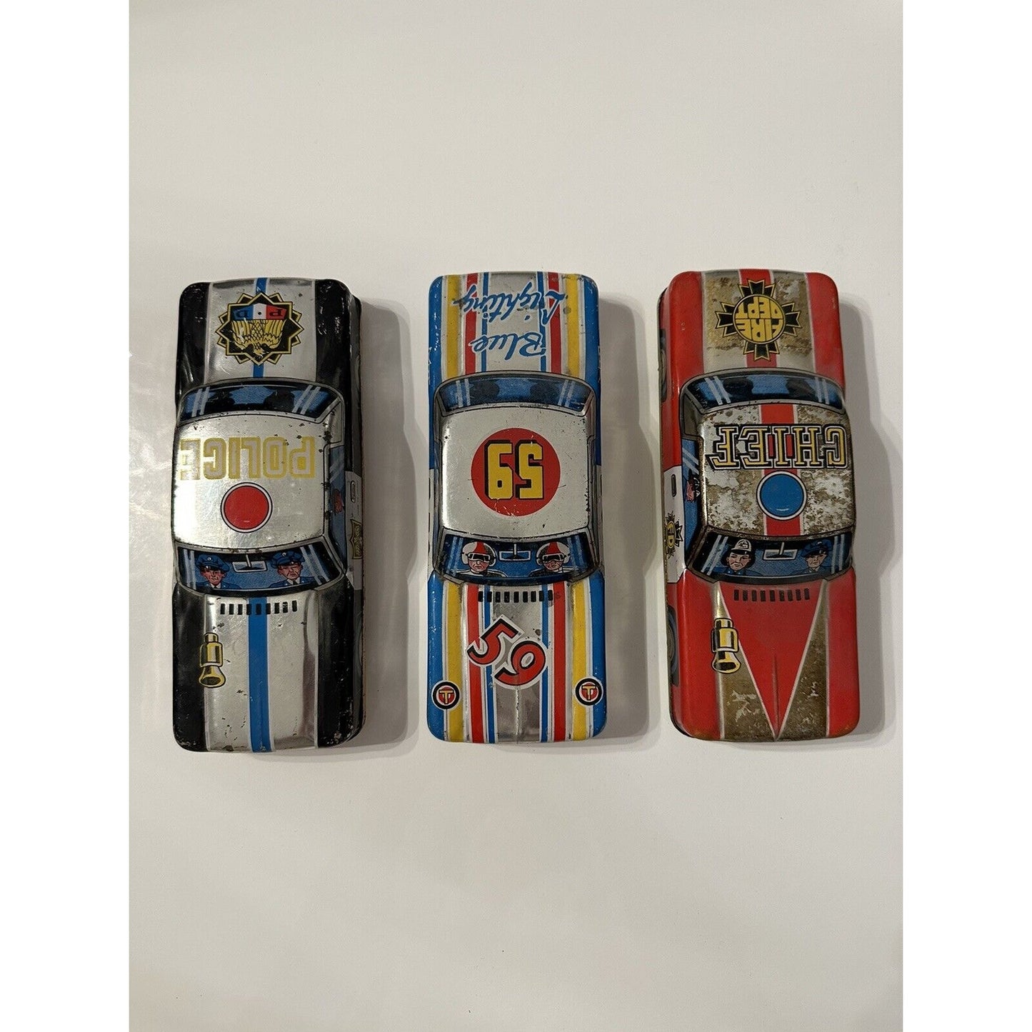 VINTAGE *NEW* 1950's Large Toy Metal Police, Fire Chief, Race Car Japan