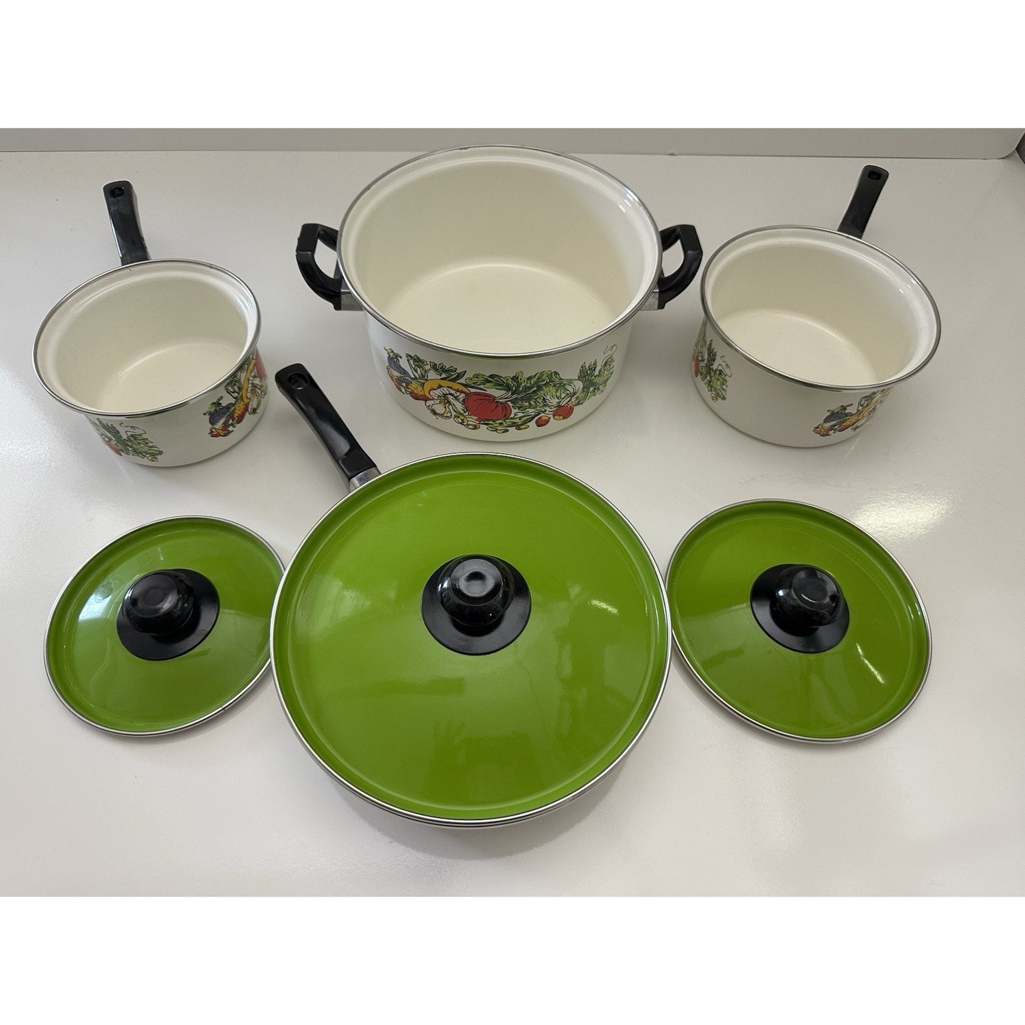 VINTAGE *NEW* 1970's 7-piece Green Lid Pot Pan and Skillet Set - RARE | Movie