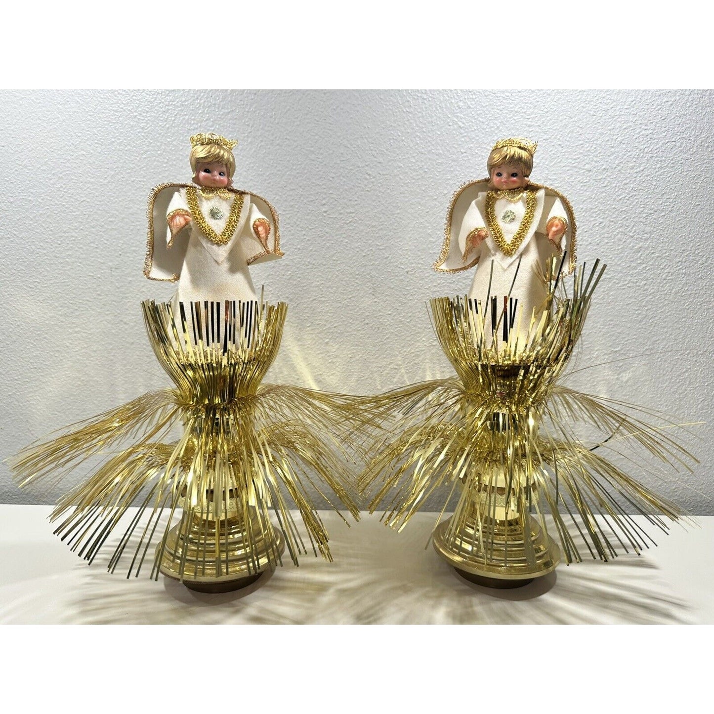 VINTAGE *NEW* Pair Of Christmas Angels-Crown, Felt Clothing, Gold, plays Silent Night