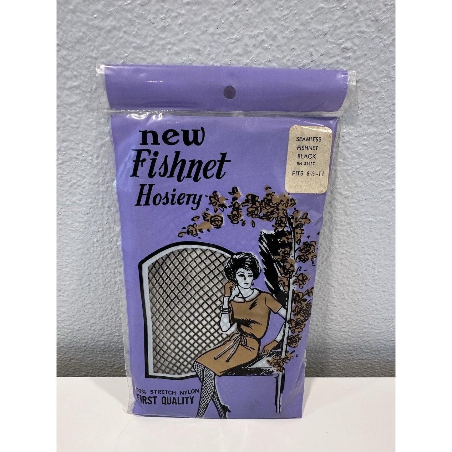 VINTAGE *NEW* 1960's Black Fishnet Seamless 100% Nylon Hosiery Size 8 1/2-11
