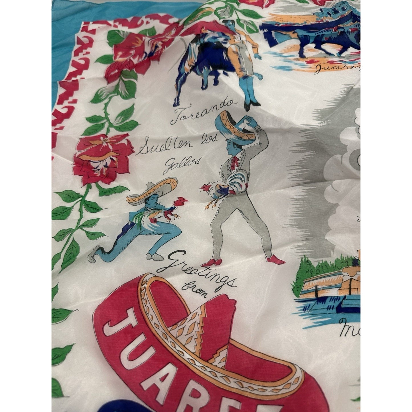VINTAGE "NEW" 1950's "Juarez" Hand-Rolled Silk Rayon Scarf 31" x 31" - Blue Trim