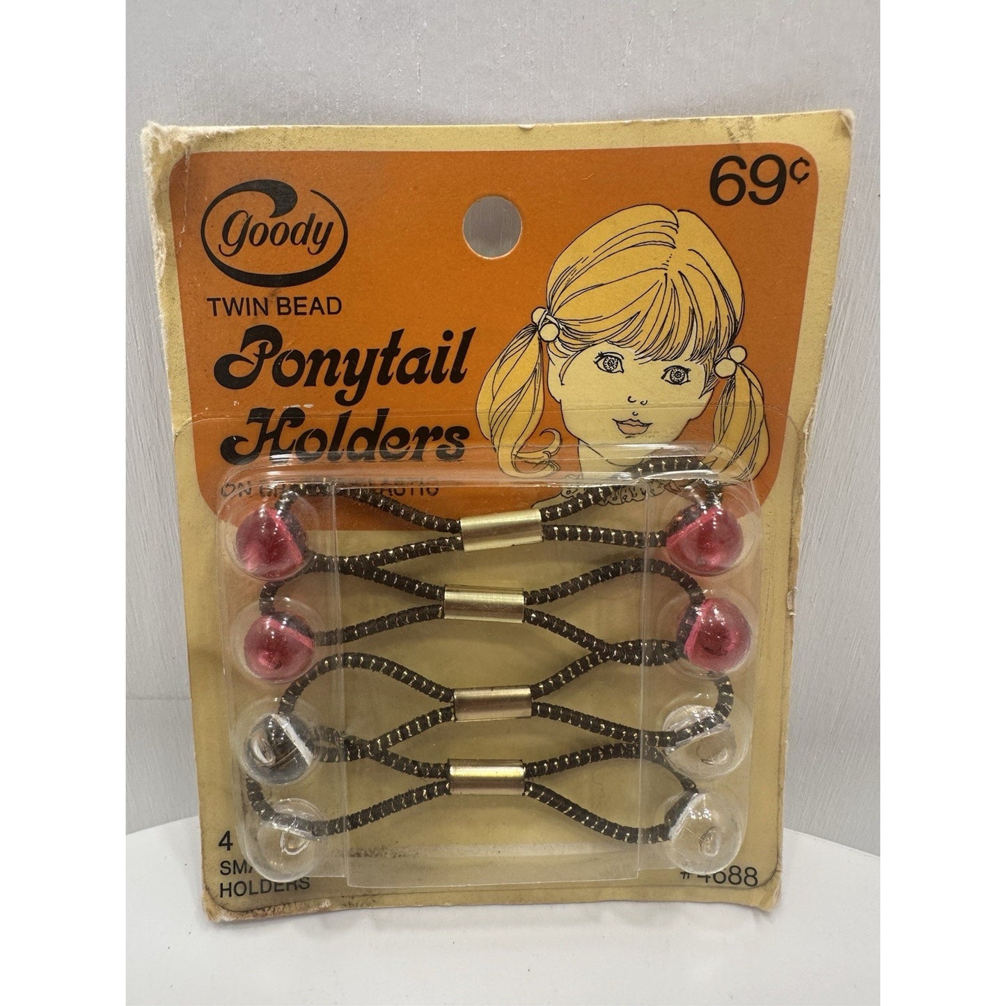 VINTAGE *NEW* 1975 Goody #4688 Small Twin Bead Ponytail Holders Set of 4 Red/Wht