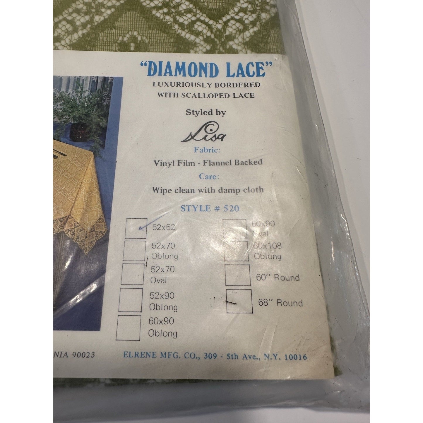 VINTAGE *NEW* 1950's Elrene Scalloped Tablecloth 52"x52" Green Diamond Lace USA