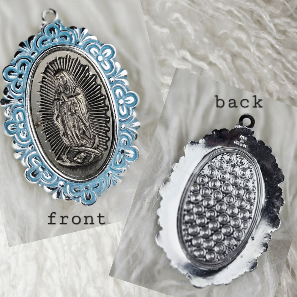 VINTAGE *NEW* 1950's Blue and Silver-Toned Religious Pendant 1.6"