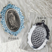 VINTAGE *NEW* 1950's Blue and Silver-Toned Religious Pendant 1.6"