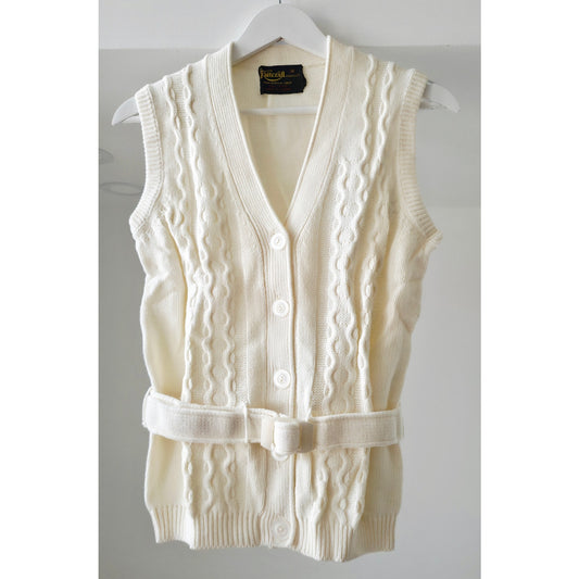 VINTAGE *NEW* 1970's Women's Cream Sweater Vest with Belt 100% Acrylic Size 38