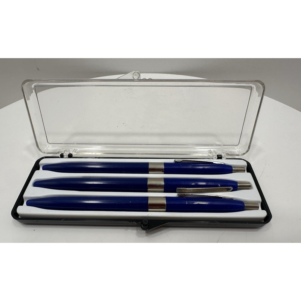 VINTAGE *NEW* Set of 3 Kwik Klik Ballpoint Pens in Case Blue/Silver USA