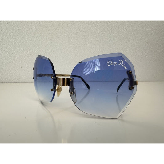 VINTAGE *NEW* 1970's ChrysDior Glam Sunglasses Blue Smoked Glass & Gold
