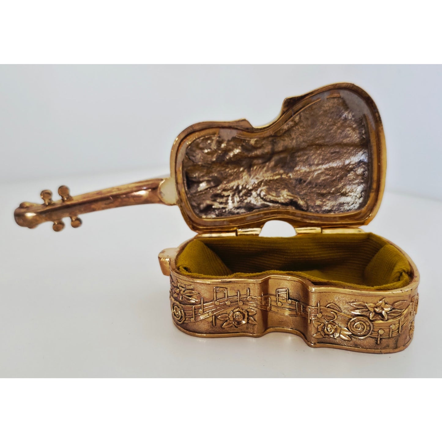 VINTAGE *NEW* 1970's Heavy Brass Guitar Jewelry Box with Floral Design
