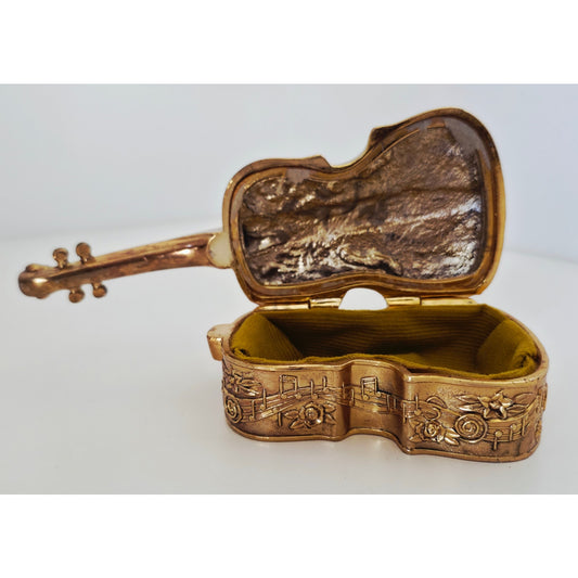 VINTAGE *NEW* 1970's Heavy Brass Guitar Jewelry Box with Floral Design