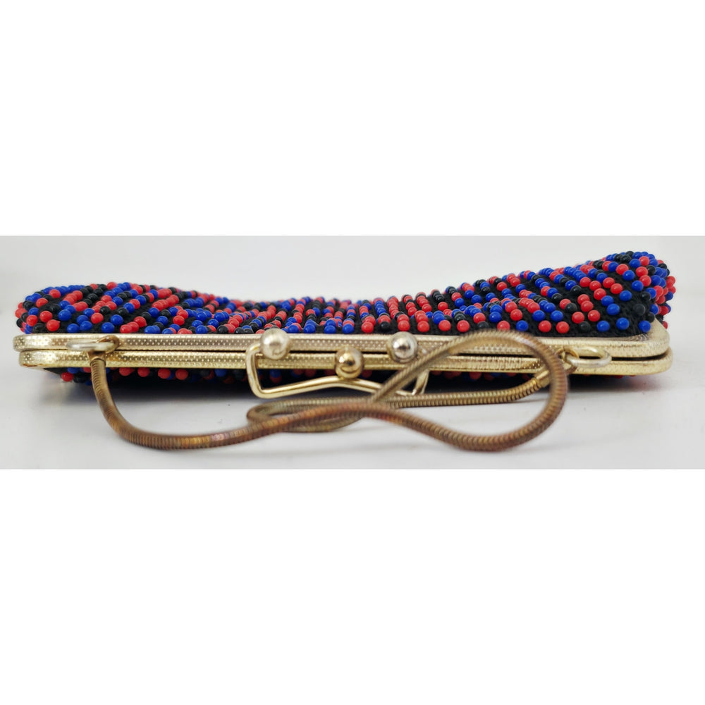 VINTAGE *NEW* 1960's Red and Blue Fancy Beaded Purse with Strap