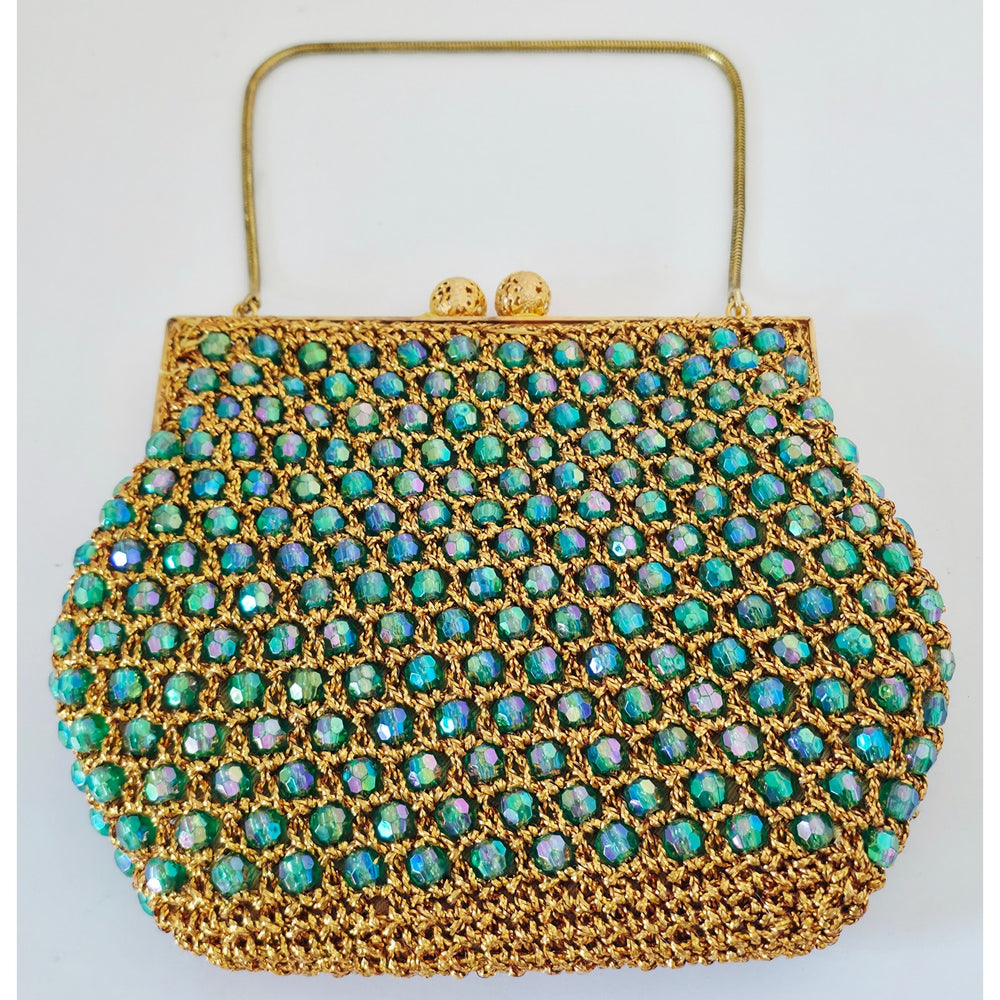 VINTAGE *NEW* 1960's Hand-Made Fancy Beaded Green/Blue Purse with Gold Strap