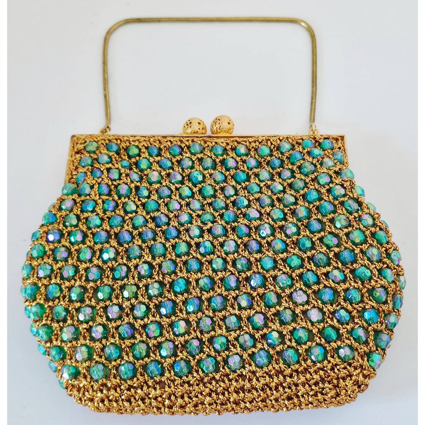 VINTAGE *NEW* 1960's Hand-Made Fancy Beaded Green/Blue Purse with Gold Strap
