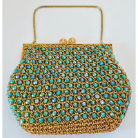 VINTAGE *NEW* 1960's Hand-Made Fancy Beaded Green/Blue Purse with Gold Strap