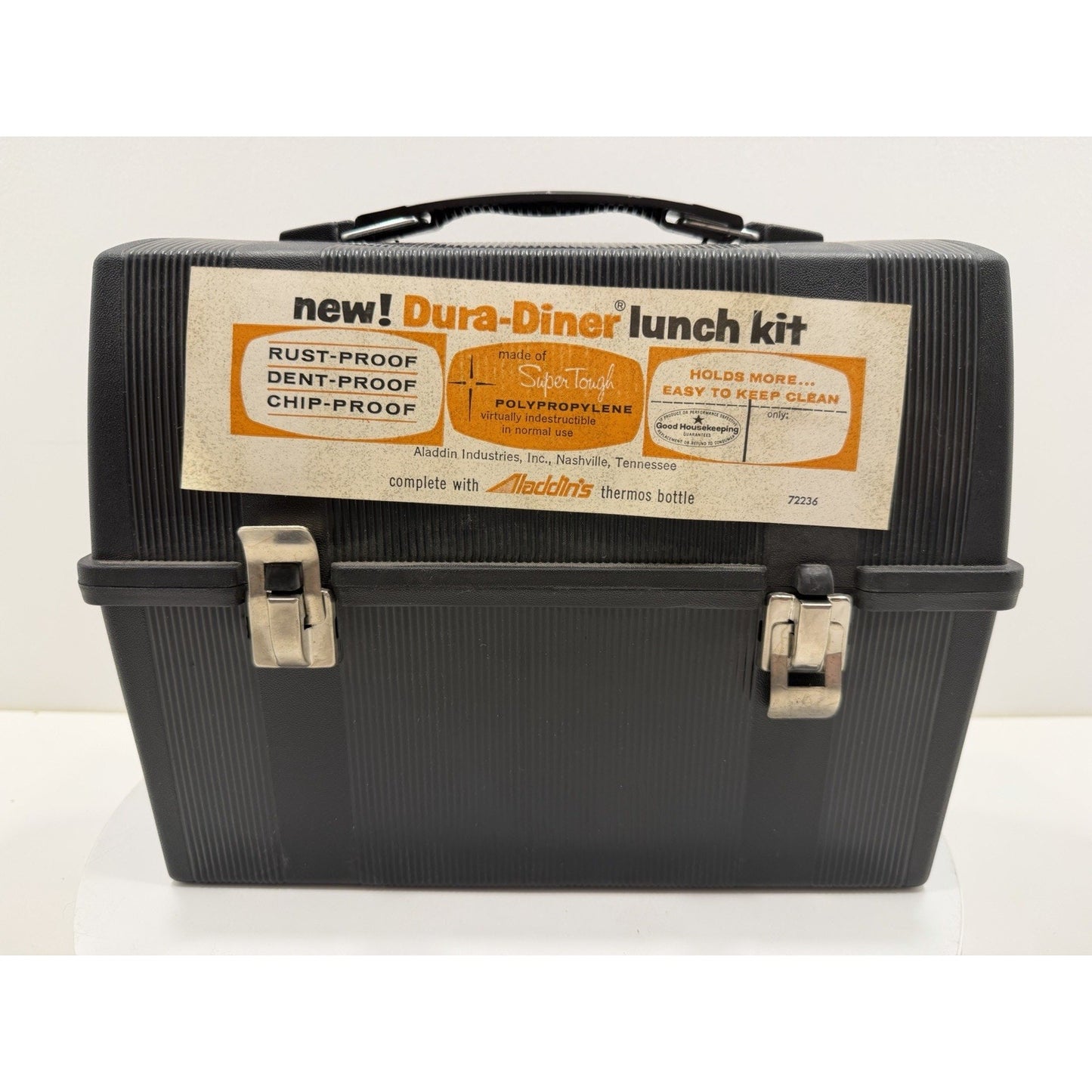 VINTAGE *NEW* 1970's Aladdin Dura Diner Black Plastic Dome Lunch Box w/ Thermos