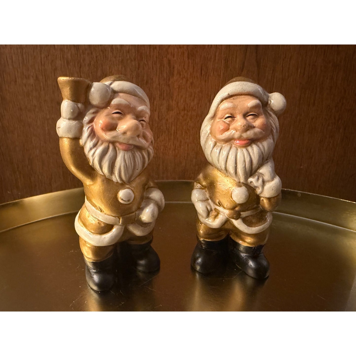 VINTAGE *NEW* 1960's Commadore Happy Time Set of 2 Gold Santa Figurines