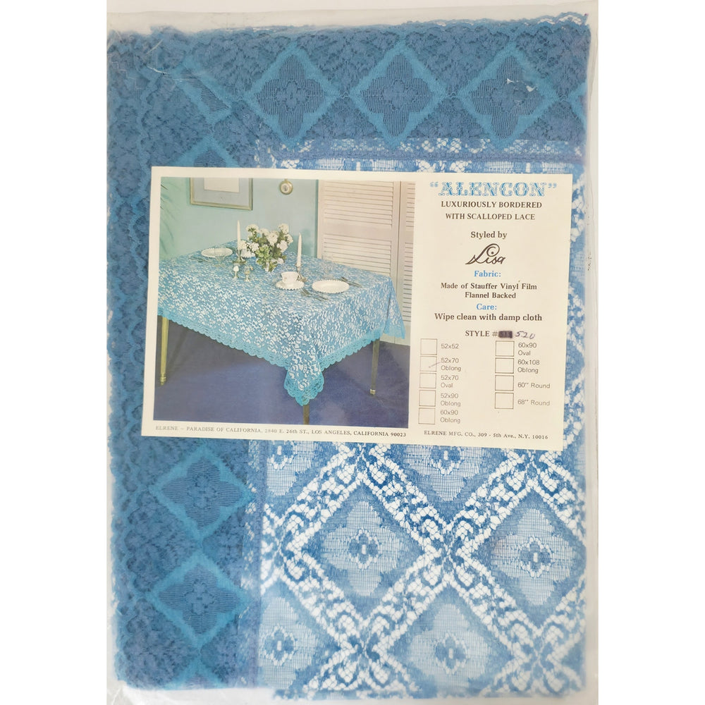 VINTAGE *NEW* 1950's Blue Lace Oblong 52"X 70" Flannel Back Tablecloth Made in USA