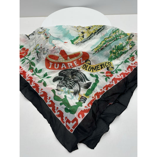 VINTAGE *NEW* 1950's "Juarez" Hand-Rolled Silk Rayon Scarf with Black Trim 31" x 31"