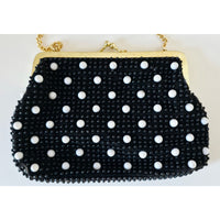 VINTAGE *NEW* 1960's Black and White Beaded Clutch Purse with Gold Chain
