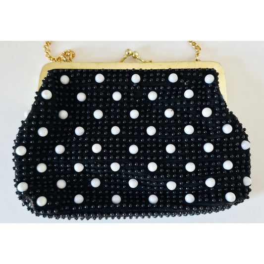 VINTAGE *NEW* 1960's Black and White Beaded Clutch Purse with Gold Chain