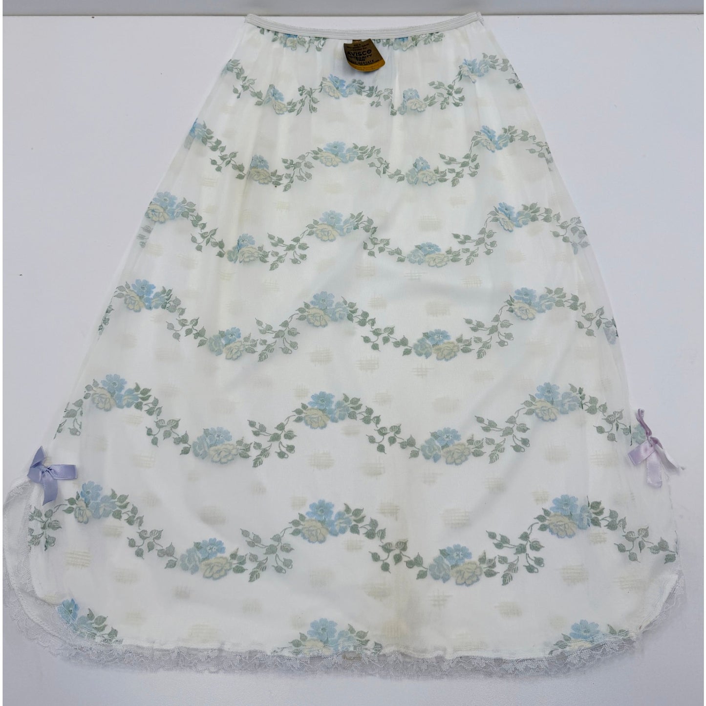 VINTAGE *NEW* 1960's Women's White with Green & Blue Flowers Slip Skirt Sz S/M
