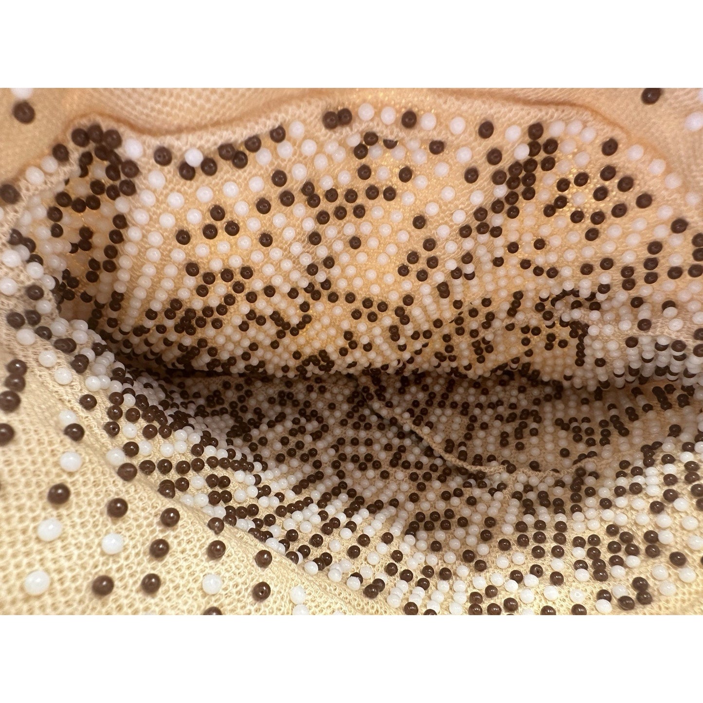 VINTAGE *NEW* 1970's Hand-Beaded Cinch Purse in Taupe with Black/White Beads